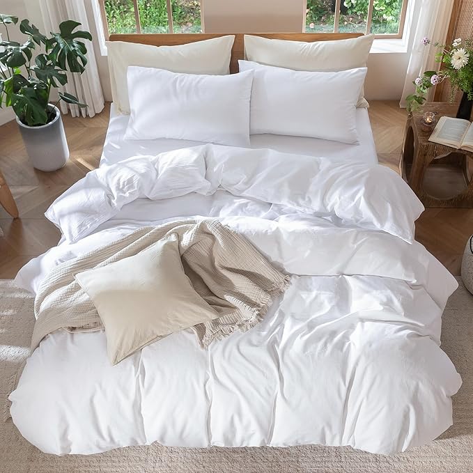 MooMee Bedding Duvet Cover Set 100% Washed Cotton Linen Like Textured Breathable Durable Soft Comfy (Solid Bright White, Oversized Queen 98"x98")