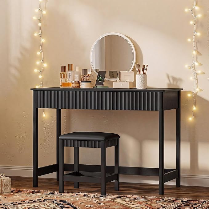 ChooChoo 47.2 Inch Modern Desk with Drawers, Makeup Vanity Desk with Padded Stool, Writing Computer Desk for Home Office & Bedroom, Black