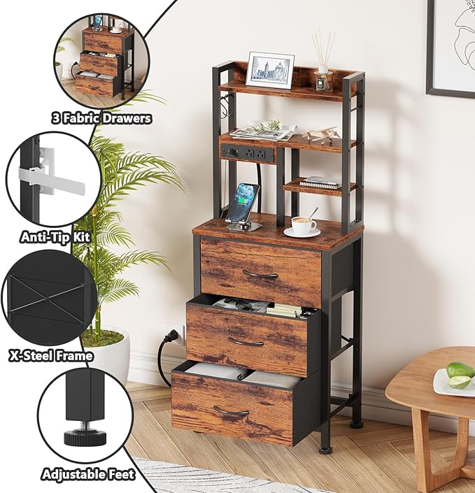 Furnulem Night Stand Set 2, LED Nightstand with Charging Station, 3 Fabric Drawers and 4 Tier Storage Shelf, Bedside End Table for Bedroom, Dorm, Office, Rustic Brown
