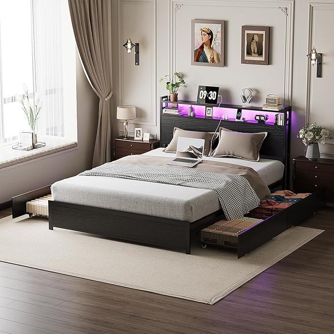 VINGLI Full Bed Frame with 4 Storage Drawers and Adjustable Headboard Shelf, Metal Double Platform Captain Bed with Charging Station and RGB LED Lights, No Box Spring Needed, Noise Free, Black