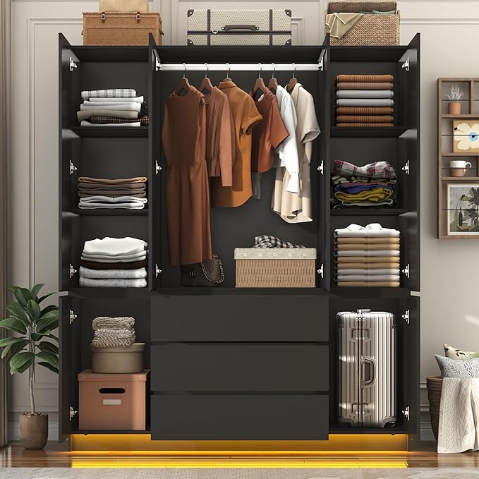 4 Doors Armoire Wooden Wardrobe Closet with 3 Drawers & 2 Mirror, 75"H Clothing Storage Cabinet with Hanging Rod,Modern Bedroom Large Freestanding Armoires with Led Lights for Bedroom, Black