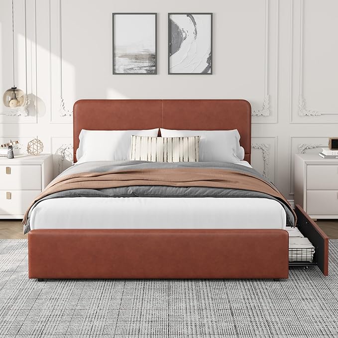 GarveeHome Modern Upholstered Platform Bed Frame with Headboard and Storage Drawers – PU Brown Leather, Sturdy Wood Slat Support, Noise-Free, No Box Spring Needed, Easy Assembly – Full Size, PU Brown