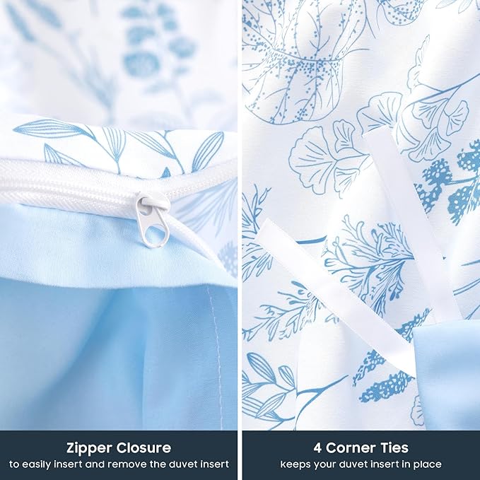 Wake In Cloud - Floral Duvet Cover Set, Botanical Vintage Flower Coquette Cottagecore Aesthetic for Women Teen Girls, Soft Lightweight Bedding, 3-Piece, Blue, Full Size