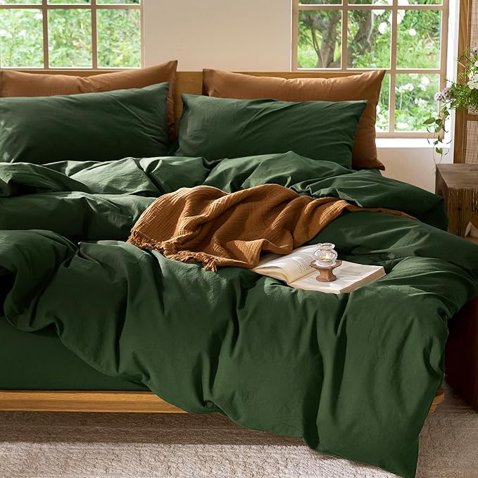 MooMee Bedding Duvet Cover Set 100% Washed Cotton Linen Like Textured Breathable Durable Soft Comfy (Solid Forest Green, Oversized King Plus 128"x120")