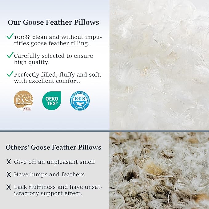 COZSINOOR Goose Feather Pillows Queen Size - Pack of 2, Hotel Down Bed Pillow for Sleeping, Soft 600 TC Cotton Cover, Fluffy Support Surround Fill Down Alternative, Softer