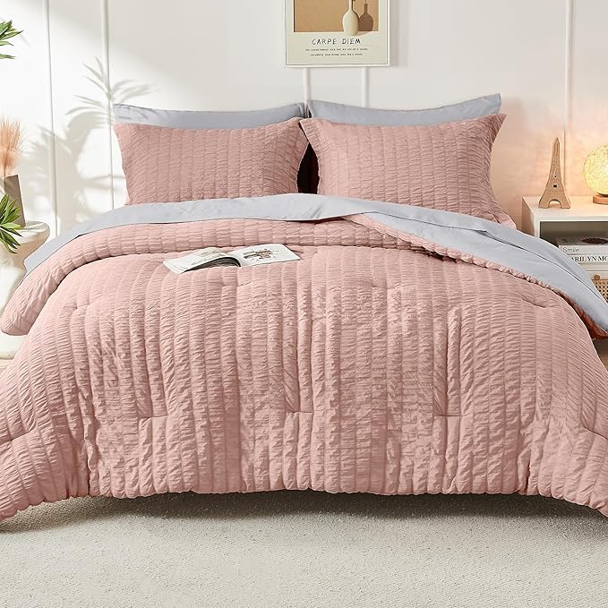 HYMOKEGE Rose Gold/Light Grey Twin Comforter Set Seersucker 5 Pieces, All Season Luxury Bed in a Bag for Bedroom, Bedding Set with Comforter, Sheets, Pillowcase & Sham