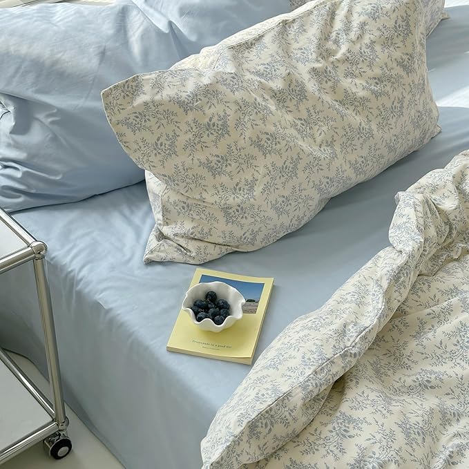 mixinni Blue Floral Duvet Cover Twin Size - 100% Cotton Soft Boho Comforter Cover with Zipper Closure 4 Ties, 3-Piece Vintage Aesthetic Botanical Bedding Set with 2 Pillowcases, All Season Bed Set