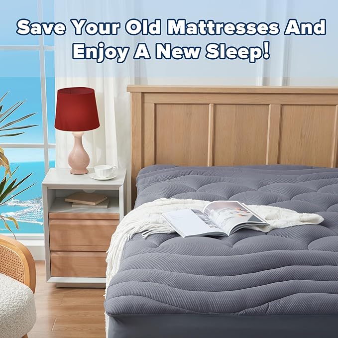 ELVEN HOME Full Size Mattress Pad for Pain Relief, Quilted Fitted Cooling Mattress Topper for Double Bed, Pillow Top Mattress Protector Cover with 8-21" Deep Pocket (54x75 inch, Grey)