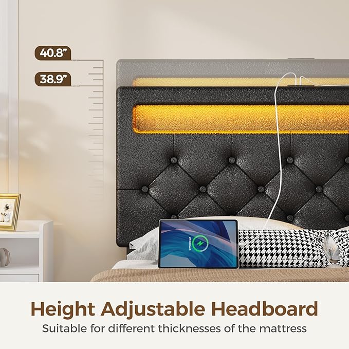 Rolanstar Full Size Bed Frame with 4 Drawers and Charging Station,Twin Bed with Led Lights, 2 USB and 1 Type C, Adjustable Upholstered Headboard 38.9/40.8 Inches, Sturdy, No Box Spring Needed, Black