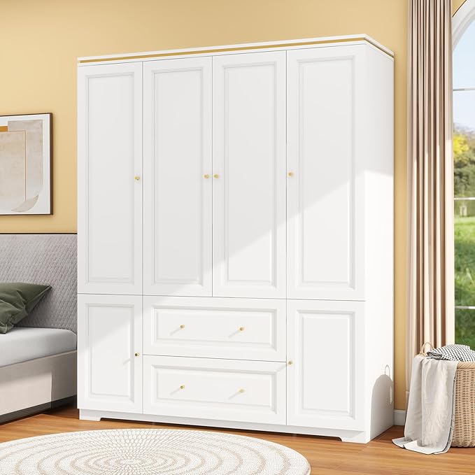 Bedroom Armoires Wardrobe Closet with 4 Doors, 74" White Wardrobe Cabinet with 2 Drawers, Wooden Wardrobes Closet for Hanging Clothes, Large Wardrobes Closets