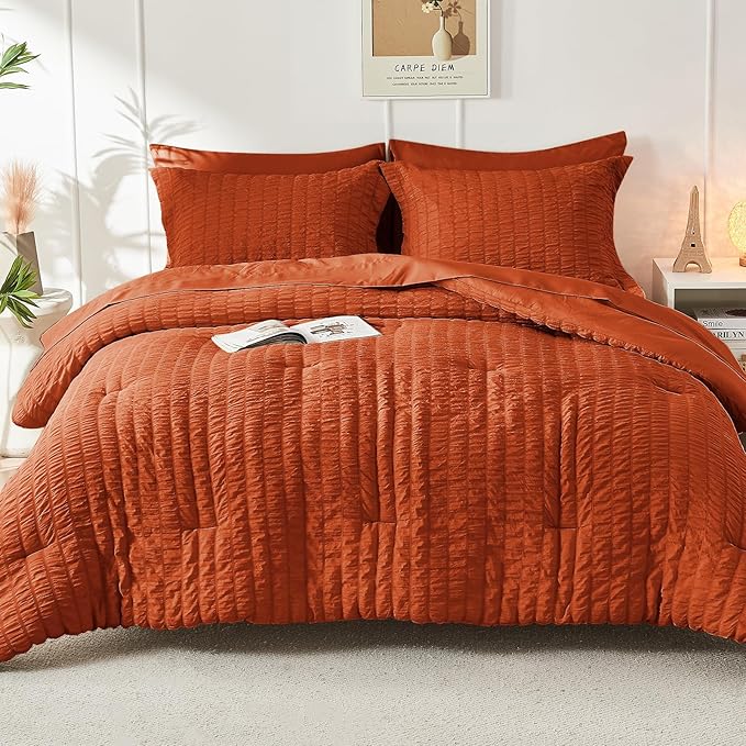HYMOKEGE Burnt Orange Twin Comforter Set Seersucker 5 Pieces, All Season Luxury Bed in a Bag for Bedroom, Bedding Set with Comforters, Sheets, Pillowcase & Sham