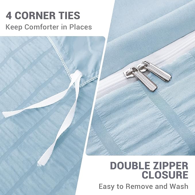 HYMOKEGE Lake Blue Duvet Cover King Size, Ultra Soft 3-Piece Seersucker Duvet Cover Set with Zipper Closure, Soft Brushed Microfiber Bedding Set with 8 Corner Ties (104"x90", 2 Pillowshams)