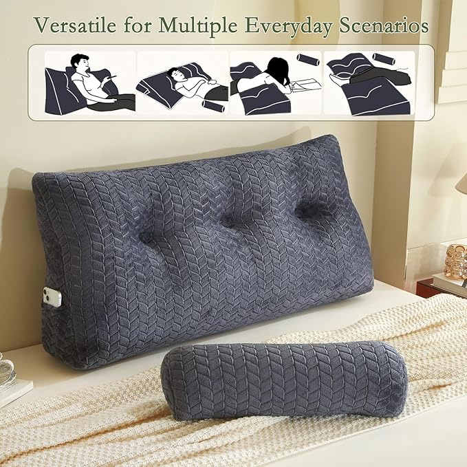 YOUR MOON Wedge Headboard Pillow Twin Size, Triangular Wedge Backrest Pillow with 1 Pack Neck Roll Pillows, Headboard Pillow for Bed,Daybed,and Lounging, Large Bed Bolster Pillows,Dark Gray