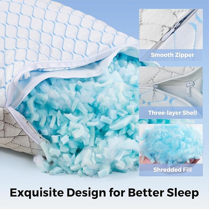 puredown® Pillows Standard Size Set of 2, Shredded Memory Foam Pillows, Cooling Pillow for Sleeping, Bed Pillows Standard Size with Adjustable Foam for Side, Back and Stomach Sleepers