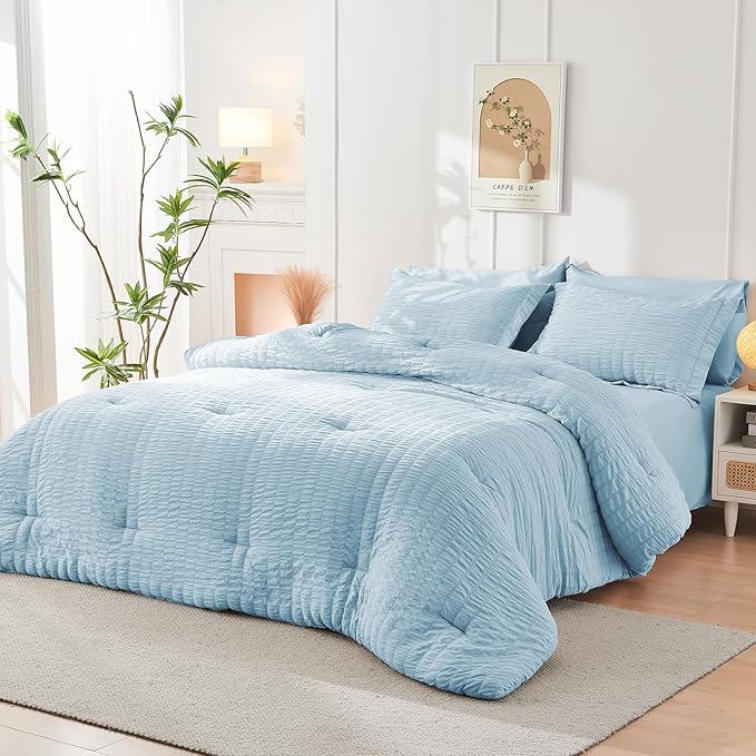 HYMOKEGE Lake Blue Duvet Cover Full Size, Ultra Soft 3-Piece Seersucker Duvet Cover Set with Zipper Closure, Soft Brushed Microfiber Bedding Set with 8 Corner Ties (80"x90", 2 Pillowshams)
