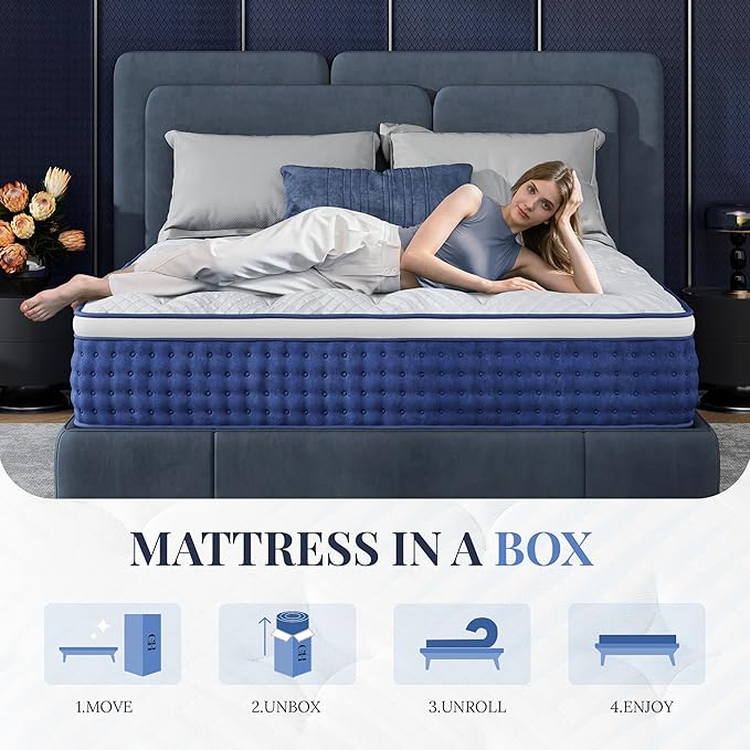Full Size Mattress, 12 Inch Full Hybrid Mattress in a Box, Medium Feel Foam and Individual Pocket Springs, Extra Edge Support, Pressure Relief, CertiPUR-US, Blue