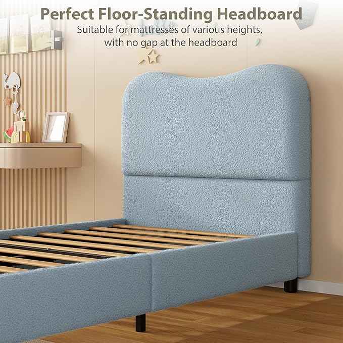 Boucle Twin Bed Frame for Kids with Upholstered Headboard, Low Profile Sturdy Platform Bed with Soft Boucle Fabric for Girls and Boys, Heavy Duty, Wooden Slats, Noise Free, No Box Spring Needed, Blue