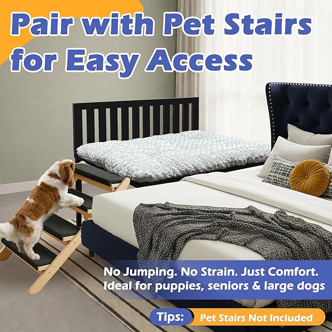 Heavy Duty Dog Bunk Bed, Adjustable Height Metal Dog Bed Frame with Wooden Side Panels & Washable Cushions, Elevated Raised Pet Bed for Large Dogs, 40.5''x28.5''