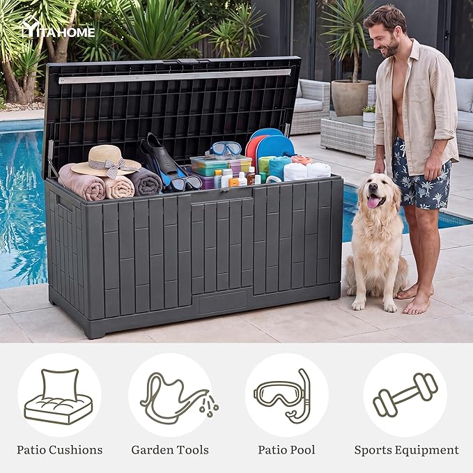 YITAHOME 120 Gallon Outdoor Storage Deck Box, Large Resin Patio Storage for Outdoor Pillows, Garden Tools and Pool Supplies, Waterproof, Lockable, (Dark Grey)