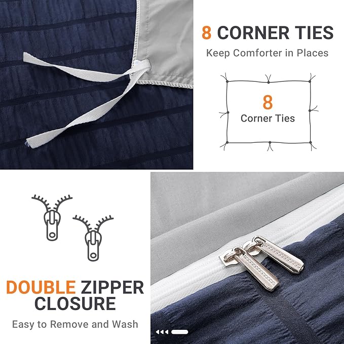 HYMOKEGE Navy Blue/Light Grey Duvet Cover Queen Size, Ultra Soft 3-Piece Seersucker Duvet Cover Set with Zipper Closure, Soft Brushed Microfiber Bedding Set with 8 Corner Ties (90"x90", 2 Pillowshams)