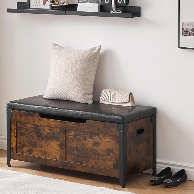 IDEALHOUSE Storage Bench, 39.4" Retro Wooden Storage Chest with 2 Safety Hinges, Loads 300 lb, Easy Assembly, Storage Ottoman Bench for Bedroom Entryway Living Room, Rustic Brown