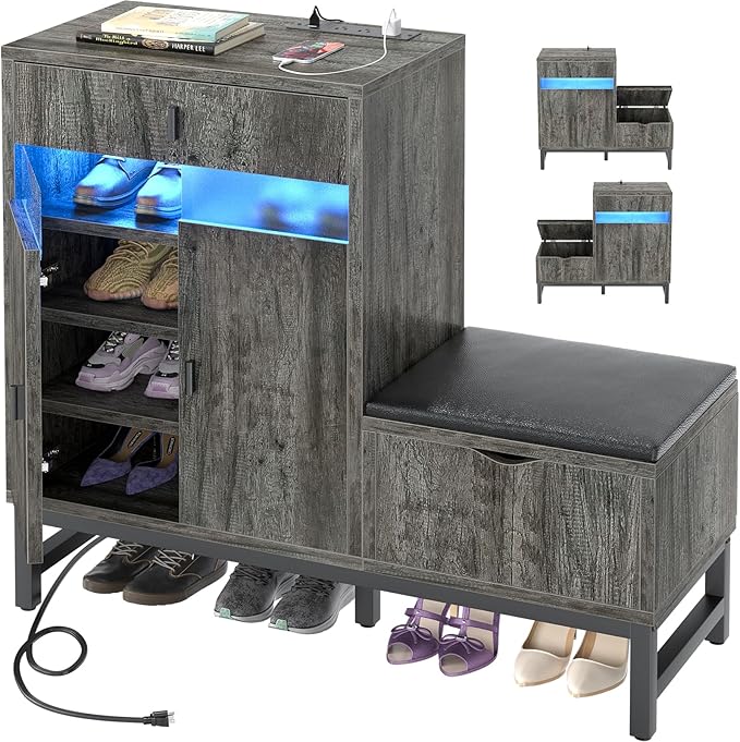 Armocity Shoe Cabinet Storage for Entryway - Freestanding Shoe Rack Bench with LED Lights & Power Outlets, Reversible Shoe Storage Cabinet Organizer with Drawer and Hidden Compartment, Grey Oak