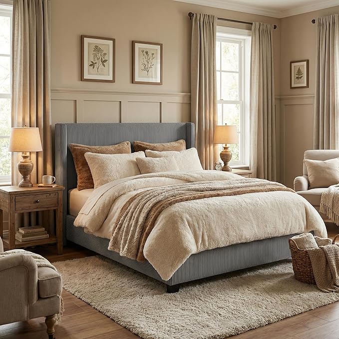 IDEALHOUSE Queen Size Upholstered Platform Bed Frame with Storage Drawers, Corduroy Wingback with Tufted Headboard and Footboard, No Box Spring Needed, Grey