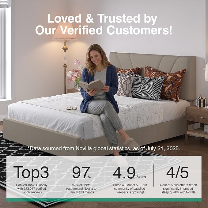 Novilla King Bed Frame, King Bed Frame and Headboard, King Size Bed Frame with Drawers, King Bed Frame with LED Lights, Charging Station and Adjustable Headboard, No Box Spring Needed, Beige