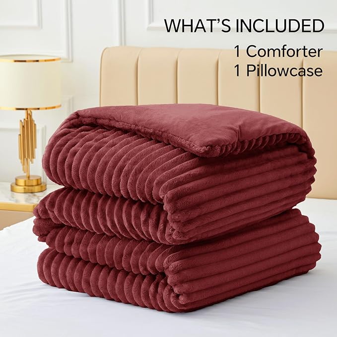 BEDELITE Fleece Twin Comforter Set -Super Soft & Warm Fluffy Burgundy Bedding, Luxury Fuzzy Heavy Bed Set for Winter with 1 Pillow case