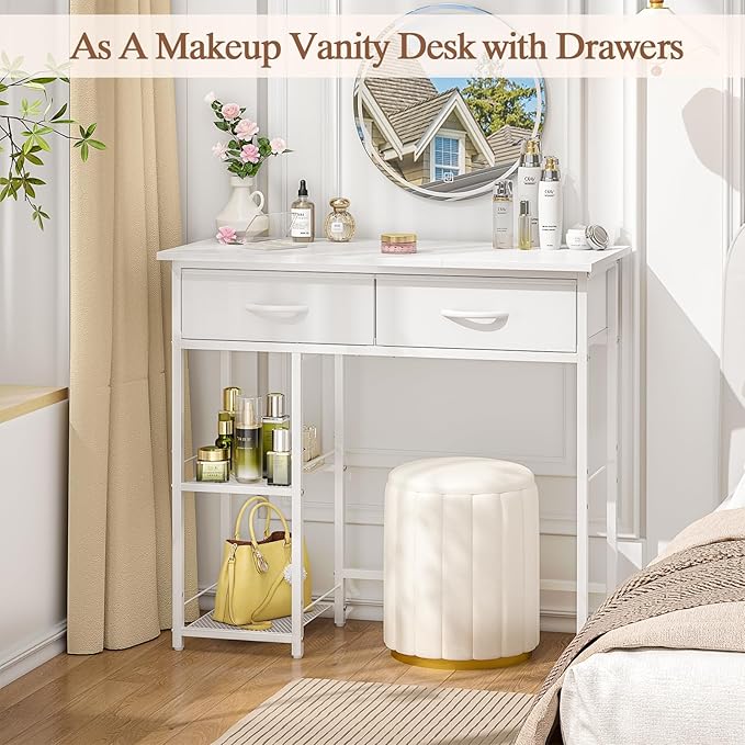 ThreeHio Small Writing Desk with 2 Drawers, White Computer Desk with Storage Shelf, Home Kids Study Table for Small Spaces, Simple Desk for Bedroom, Home Office, Living Room, Dorm, Vanity Desk, White