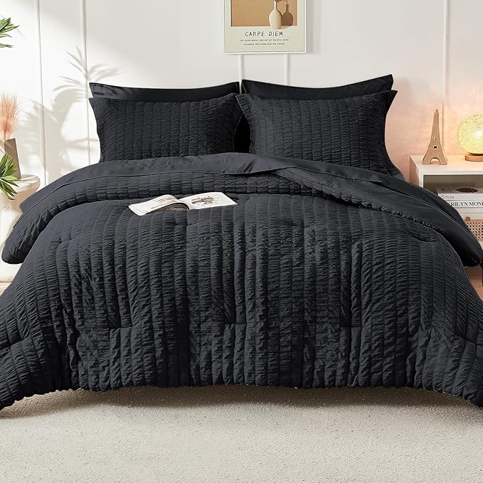 HYMOKEGE Black Oversized King Comforter Set Seersucker 7 Pieces, All Season Luxury Bed in a Bag for Bedroom, Bedding Set with Comforter, Sheets, Pillowcases & Shams