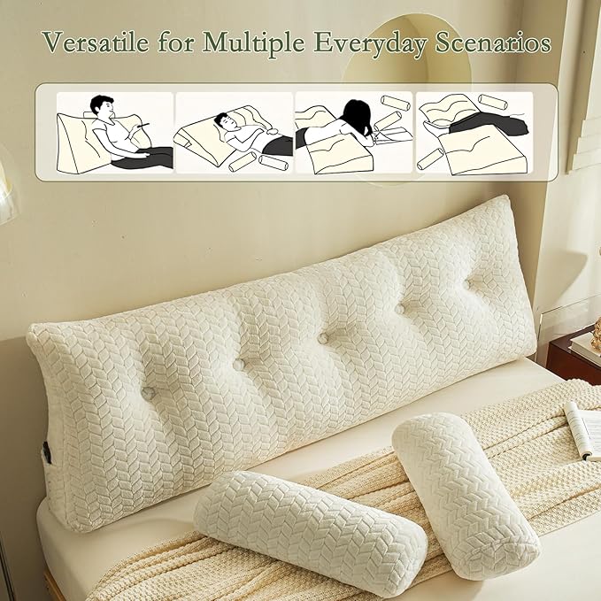 YOUR MOON Wedge Headboard Pillow Full Size, Triangular Wedge Backrest Pillow with 1 Pack Neck Roll Pillows, Headboard Pillow for Bed,Daybed,and Lounging, Large Bed Bolster Pillows,Off White