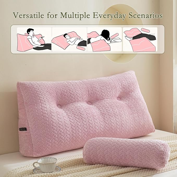 YOUR MOON Wedge Headboard Pillow Twin Size, Triangular Wedge Backrest Pillow with 1 Pack Neck Roll Pillows, Headboard Pillow for Bed,Daybed,and Lounging, Large Bed Bolster Pillows,Pink