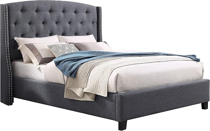 Roundhill Furniture Nantarre Fabric Tufted Wingback Upholstered Bed with Nailhead Trim, Queen, Gray