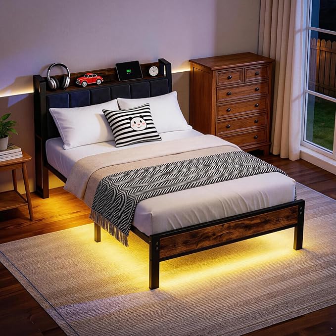 Twin Size Bed Frame with Storage Headboard and Charging Station, Smart RGB LED Lights, Metal Platform Bed with USB & Type-C Ports, Noise Free, Easy Assembly, No Box Spring Needed