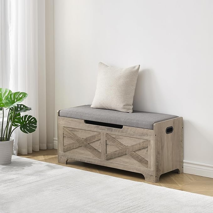IDEALHOUSE Storage Bench, 39.4" Retro Wooden Storage Chest with 2 Safety Hinges, Loads 300 lb, Easy Assembly, Storage Ottoman Bench for Bedroom Entryway Living Room, Grey