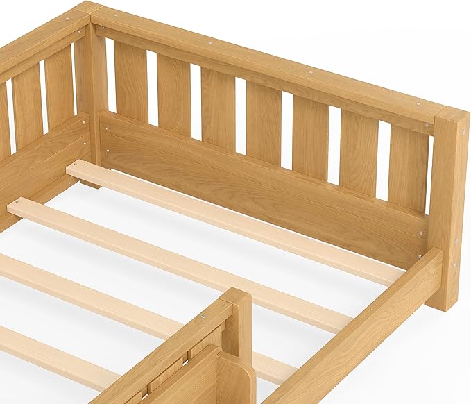 Bellemave Twin Size Kids Montessori Bed with Bookshelf,Solid Wood Twin Floor Bed Frame with Fence and Slats for Girls Boys,Low-Profile,Light Natural