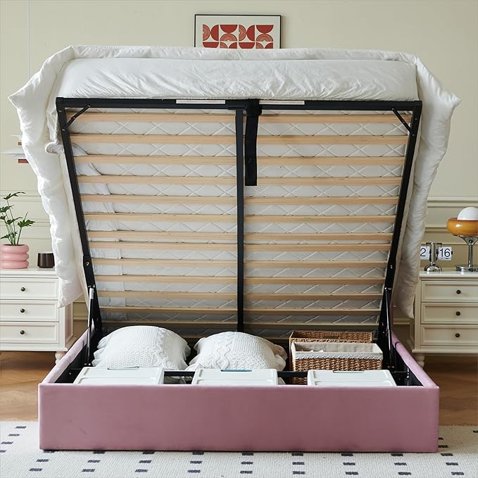 YUHUASHI Queen Size Hydraulic Storage Bed, Upholstered Platform Bed Frame, Modern Wingback Design Headboard, Velvet Fabric with Hydraulic Support Bars, No Box Spring Required (Pink, Queen)