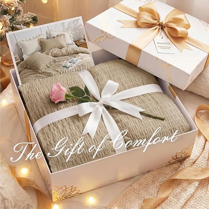 JOLLYVOGUE Queen Comforter Set, 3 Pieces Khaki Seersucker Comforters Queen Size, Lightweight & Fluffy Bedding Sets for All Season with 1 Ruffle Comforter and 2 Ruffle Pillowshams