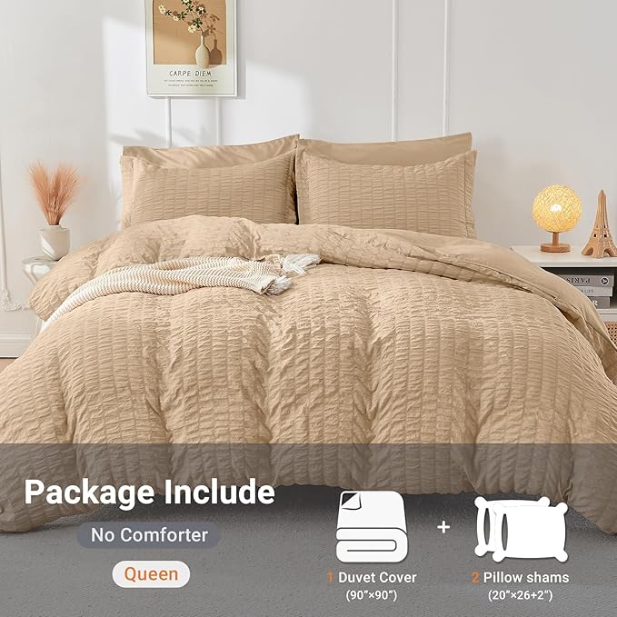 HYMOKEGE Khaki Duvet Cover King Size, Ultra Soft 3-Piece Seersucker Duvet Cover Set with Zipper Closure, Soft Brushed Microfiber Bedding Set with 8 Corner Ties (104"x90", 2 Pillowshams)