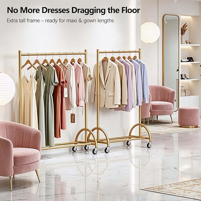 MISSLO Heavy Duty Clothing Rack with Wheels Rolling Clothes Racks for Hanging Clothes, Coats, Garment, Dress, Gold, 30" W