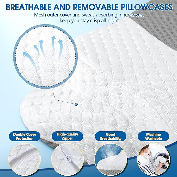 CHxxy Memory Foam Pillows, Cervical Pillow for Neck and Shoulder Pain Relief, Ergonomic Contour Bed Pillow, Soft for Side Sleep Stomach Sleeping and Back Sleeper-Queen Size&Grey