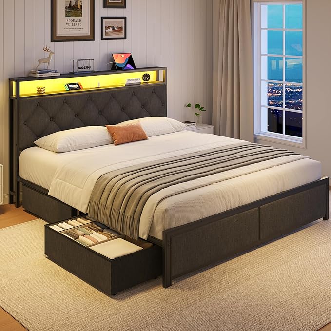 Fluest Queen Bed Frame with 4 Drawers, Upholstered Headboard with Storage, Fast Charging Station, LED Lights, Bed Frame Queen Size with Fabric Drawers, No Box Spring Needed, Easy Assembly, Grey