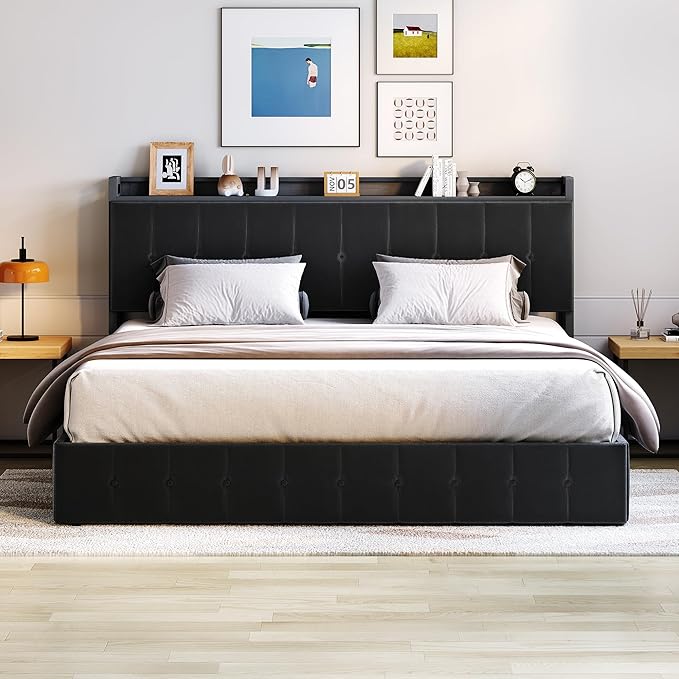 Garvee King Size Lift Up Storage Bed, Upholstered Velvet Bed Frame with Storage Headboard, Metal Platform Bed, No Box Spring Needed, Noise Free, Black