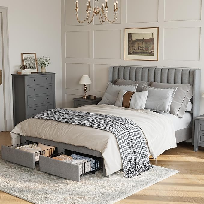 Garvee Full Size Bed Frame, Velvet Upholstered Bed Frame with Wingback Headboard, 2 Storage Drawers, No Box Spring Needed, Grey