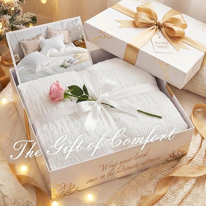 JOLLYVOGUE King Size Comforter Set, White Seersucker 3 Pieces Comforters King Size, Lightweight & Fluffy Bedding Sets King for All Season with 1 Ruffle Comforter and 2 Ruffle Pillowshams