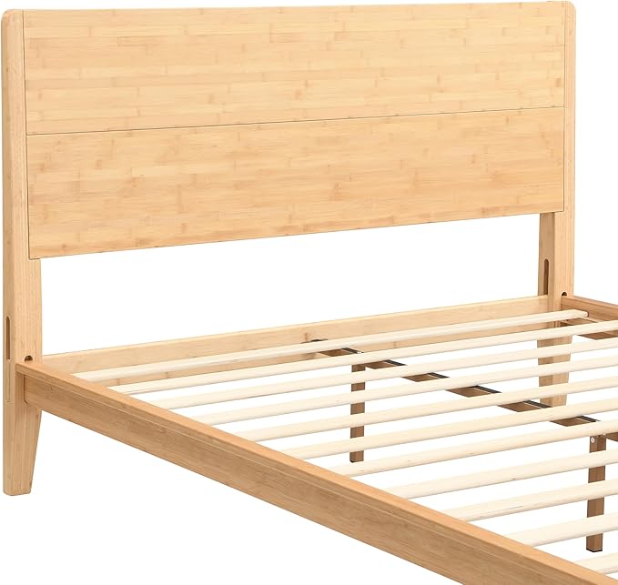 12 Inch Bamboo Queen Bed Frame, Platform Bed Frame with Headboard, Mid-Century Modern Bed Frames Wood Foundation Beds with Slats Metal Support, No Box Spring Needed, Easy Assembly, Natural