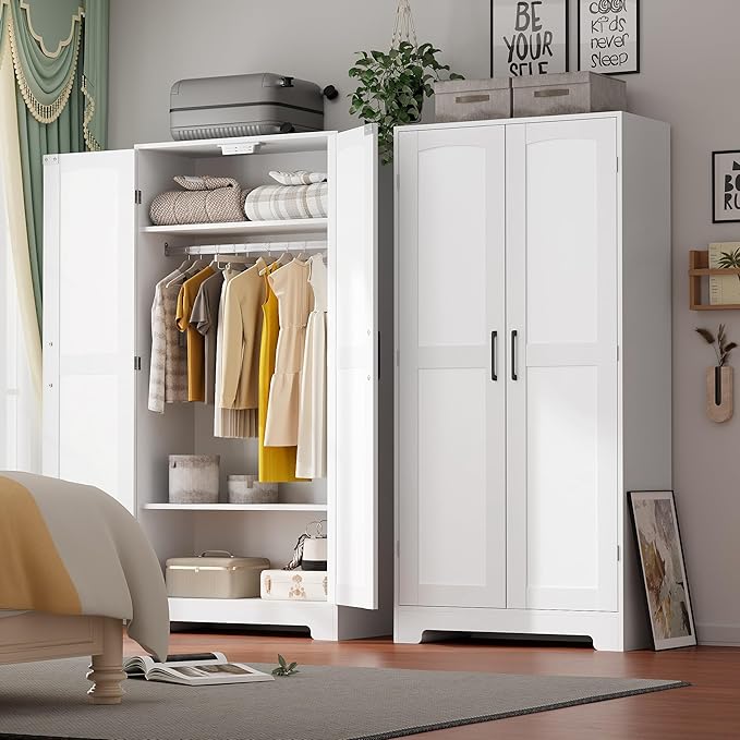 Wooden Armoire Wardrobe Closet, Wardrobe Cabinet with Door and Shelves, Freestanding Bedroom Armoires Clothing Storage Cabinet with Hanging Rod for Bedroom, Laundry Room, Cloak Room(White)