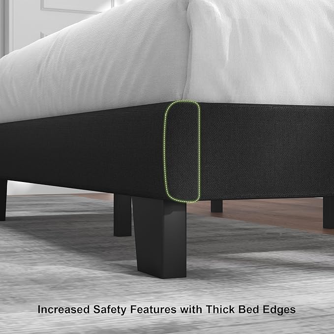 Feonase Queen Platform Bed Frame, Fabric Upholstered Queen Bed Frame, Solid Wood Slats & Heavy Duty Feet Support, No Box Spring Needed, Noise-Free, Easy Assembly, Black