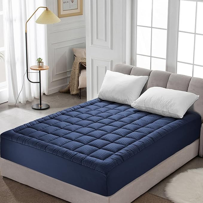 HYLEORY Twin Mattress Pad Quilted Fitted Mattress Protector Cooling Pillow Top Mattress Cover Breathable Fluffy Soft Mattress Topper with 8-21" Deep Pocket, Navy